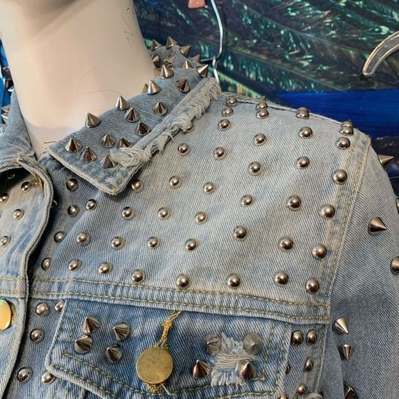 Women’s Blue Jean Riveted Studs & Spikes Denim Jacket - Picture 4 of 17